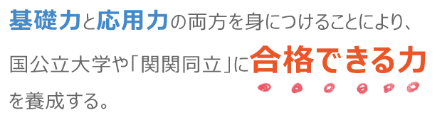 基礎力と応用力の両方を身につけることにより、国公立大学や「関関同立」に合格できる力を養成する。